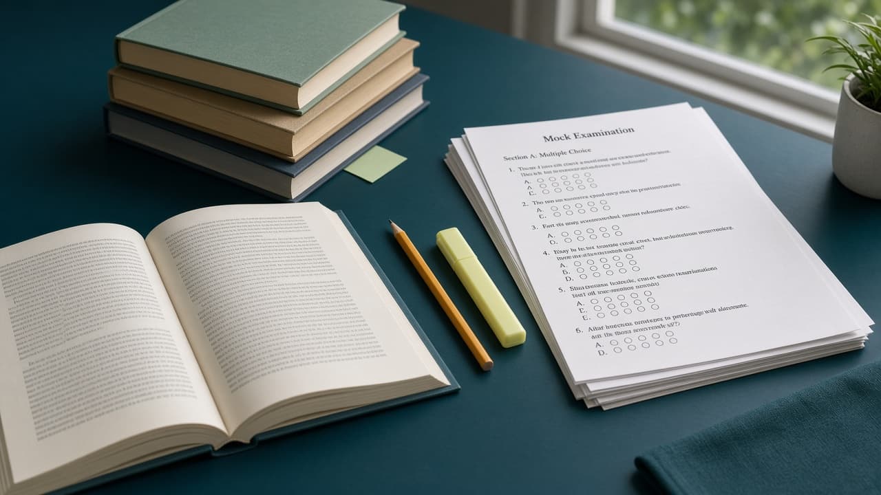 Study desk with textbooks and mock exam papers